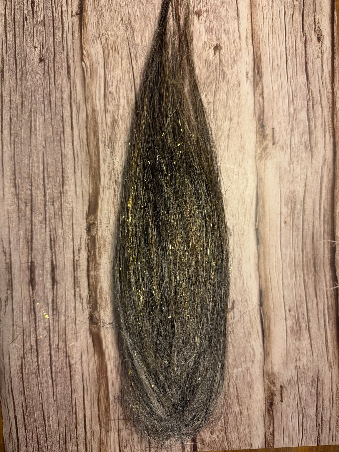 Golden Grizzly Sparkle Squimpish Hair with dark charcoal and golden brown fibers and gold flash