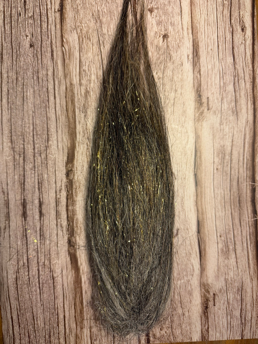 Golden Grizzly Sparkle Squimpish Hair with dark charcoal and golden brown fibers and gold flash